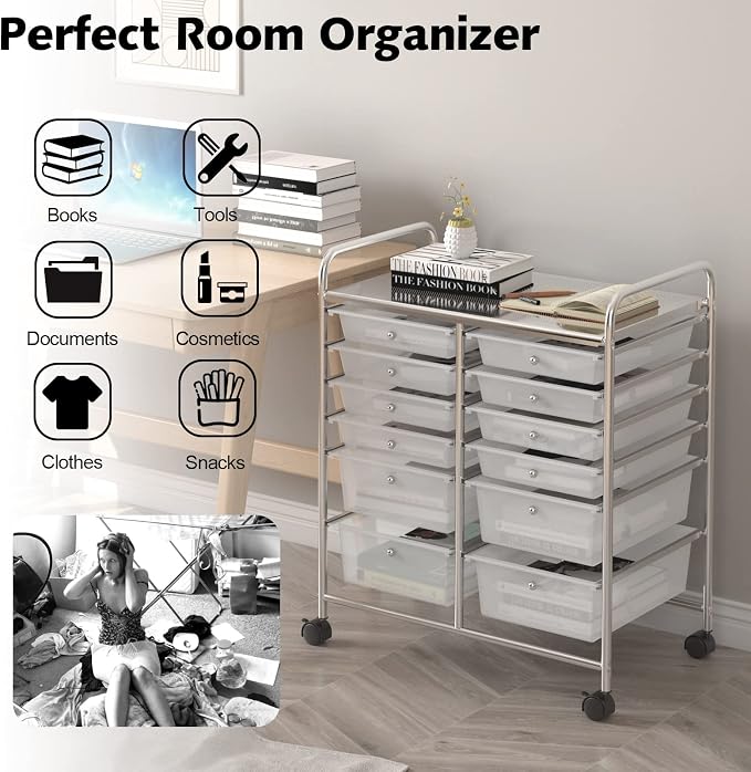 12 Drawer Rolling Storage Cart, Art Cart Organizer on Wheels, Mobile Utility Cart with Drawers, Multipurpose Craft Drawers for Home Office School Classroom (Clear)