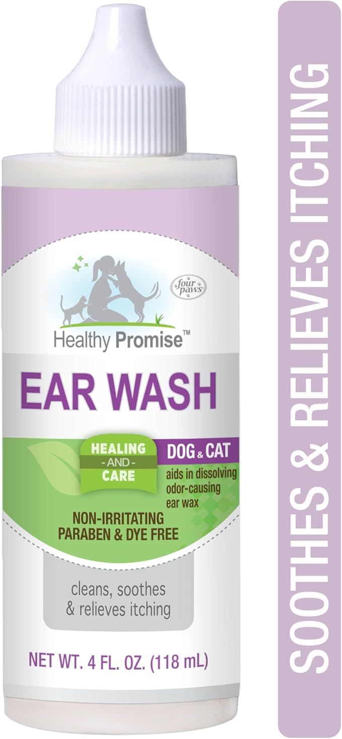Four Paws Healthy Promise Grooming Soothing Pet Ear Wash Cleaner for Dogs and Cats, Odor Reducing & Itch Relief, 4 oz.