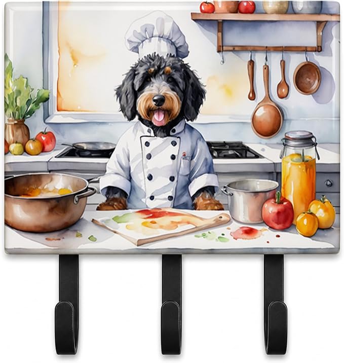 Caroline's Treasures Bernedoodle The Chef Leash or Key Holder Wall Hooks, Key Hooks Holder, Coat Rack Wall Mount, Coat Hooks, Hooks for Hanging Keys, Towels, Aprons, Leashes | Bernedoodle The Chef artwork on ceramic tile with three steel hooks for keys...