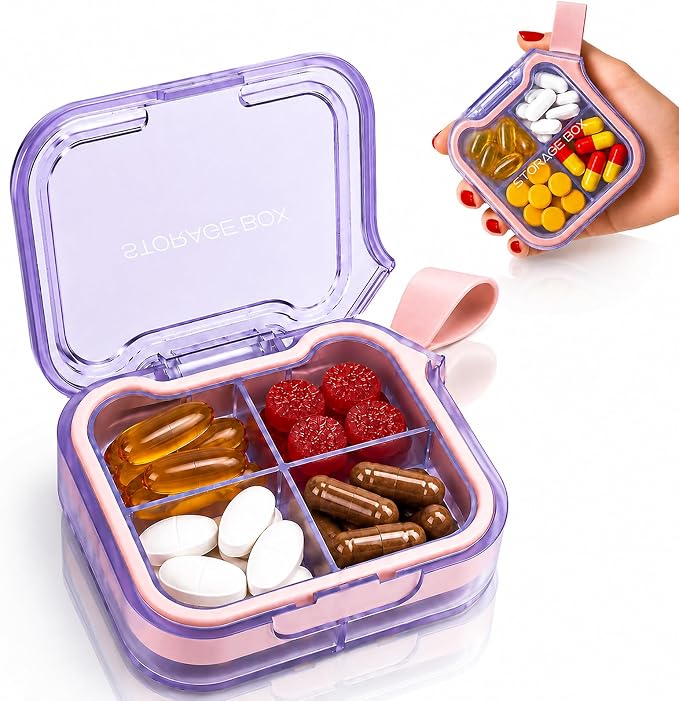 Travel Pill Organizer with Silicone Carry Loop, Portable Medicine Case | 4 Compartments Compact Pill Box for Vitamins Supplements Daily Medications, Purse Backpack Office
