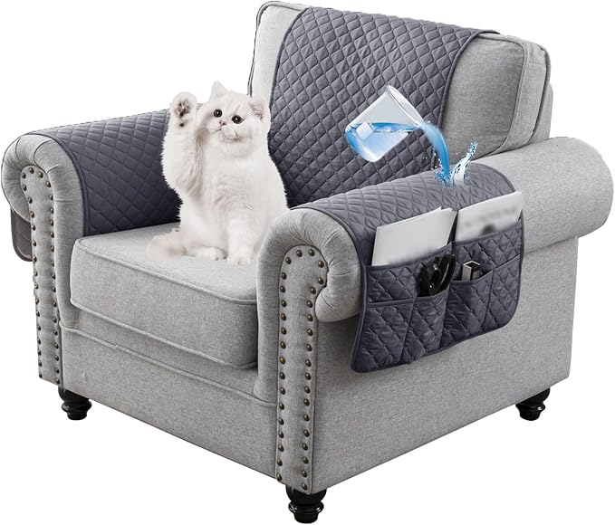 Water-Resistant Sofa Armrest and Headrest Covers with Side Pocket | Keep remotes close quilted polyester helps guard against wear, pet scratches, and kids' messes silicone backing adds grip
