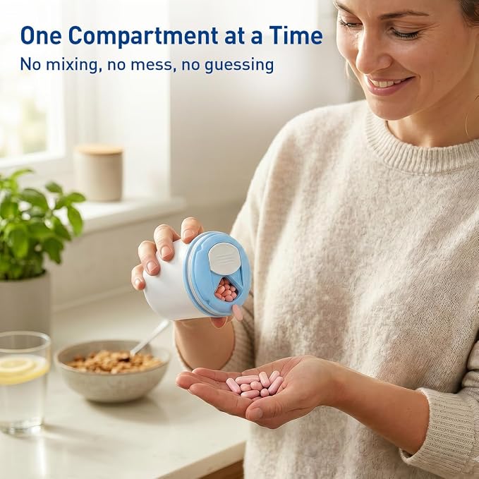 Ezy Dose Mini Vitamin Organizer, Multi Compartments, White & Blue, Large | Portable and Compact Design, Easy Access Sliding Pill Dispenser, Supplement Organizer with Anti-Mix Design, Travel Friendly
