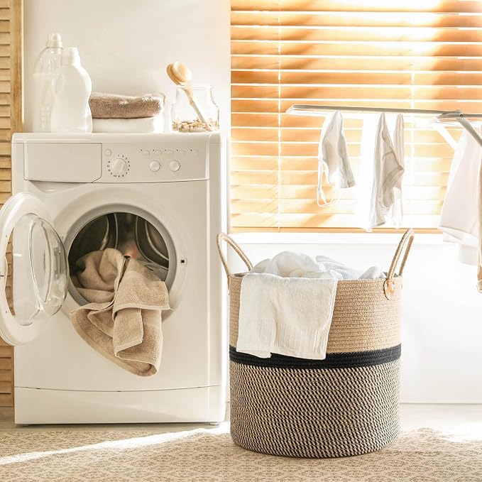 CHICVITA Large Wicker Storage Basket with Leather Handles, 16" x 16", Black | Decorative Woven Basket for Toys, Shoes, Blankets & Laundry Storage, Living Room & Bedroom Organizer, Indoor Plant Basket