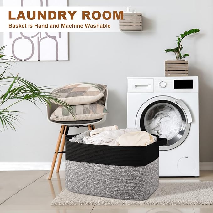 OIASKET 90L Extra Large Blanket Basket Living Room, 24"x16.9"x14.2" | Rectangle Woven Laundry Hamper, Nursery Blanket Storage Living Room, Toy Storage With Handle, Large Baskets for Organizing