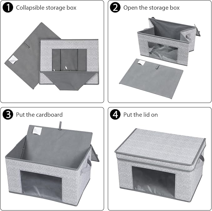 Univivi Fabric Storage Bins with Lids for Closet, 4 Pack, Grey | Fabric Foldable Storage Boxes, Sturdy Collapsible Storage Bins with Clear Window, Storage Cubes for Home, Closet, Shelves