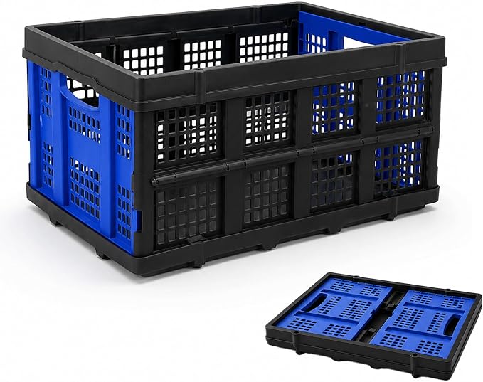 49L Collapsible Storage Crate, Stackable, Blue, 1 Pack | Heavy-duty foldable utility bins for trunks, garages, groceries, camping and moving; fold flat to 2.6 in.