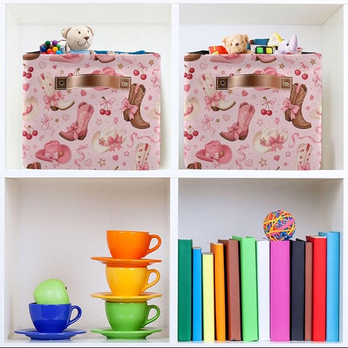 Kigai Storage Basket, Fabric Collapsible Closet Organizer Bin | Western Print Waterproof Foldable Canvas Basket with Handles for Shelves, Nursery, Closet, Bedroom & Bathroom