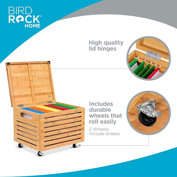 BIRDROCK HOME Rolling File Storage Organizer Box with Lid - Bamboo Decorative Wood Hanging File Box for Letter/Legal Documents, Binders, Blankets - Durable Office Organizer - Natural