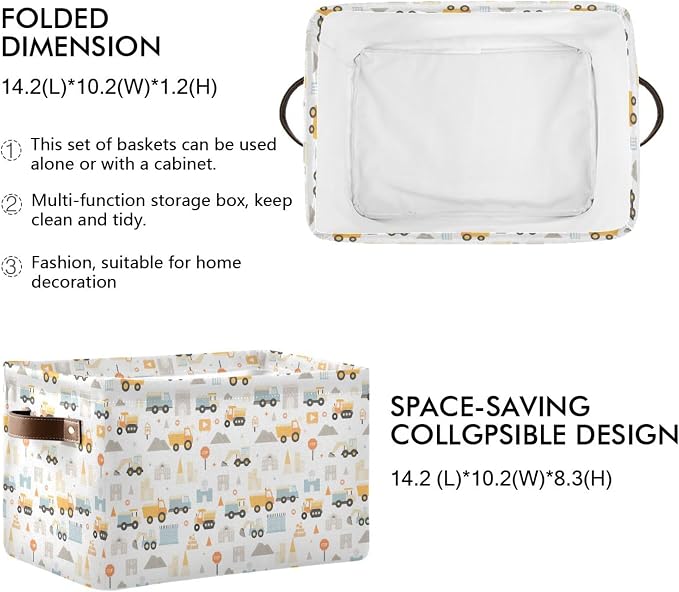 Wamika Excavator Truck Storage Basket Fabric Kitchen Baskets Cars Boys Open Home Storage Bins Boxes Foldable Organizer Bag for Baby Cloth Book Shelf Closet Baskets 16×12×8 Inches