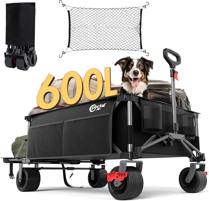 Portal 26" Extra Wide 55" Long Foldable Wagon with Tailgate, Large 600L Collapsible Wagon with Cargo Net, 500 LBs Heavy Duty Utility Cart with Big All-Terrain Wheels for Beach, Camping, Sports, Dogs | 26" Extra Wide 55" Long Wagon with Cargo Net, Heavy...