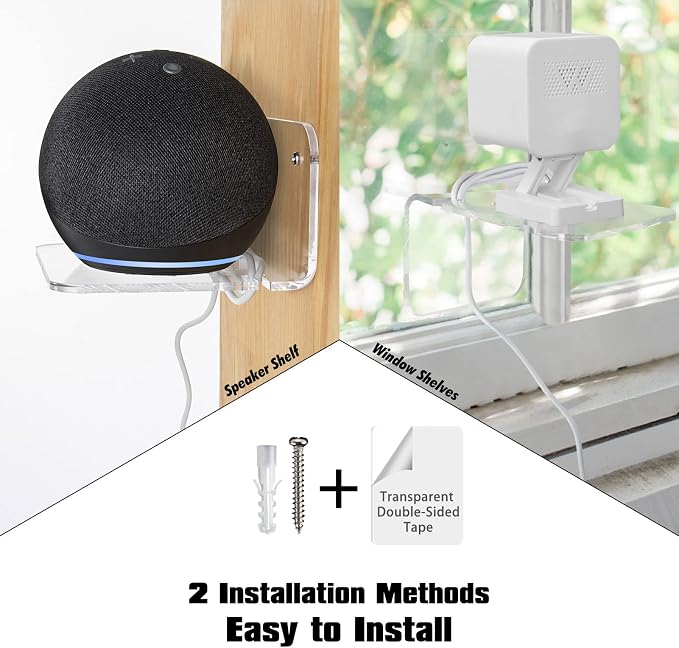 SIPRDE Acrylic Small Wall Shelf Set of 3 for Security Cameras, Speakers, Baby Monitors & More - 4'' Universal Adhesive Shelf Easy to Install No Drill, with Cable Clips (Clear) | Compatible for Speakers, Baby Monitors, Universal Adhesive Wall Shelf, Bat...