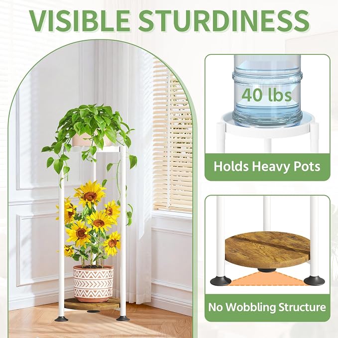 KMOTASUO Metal Plant Stand Tall for Indoor Outdoor Corner, 2 Tier White | Heavy Duty Flower Holder Rack, Modern Vertical Iron Shelf for Patio Bathroom Office Garden