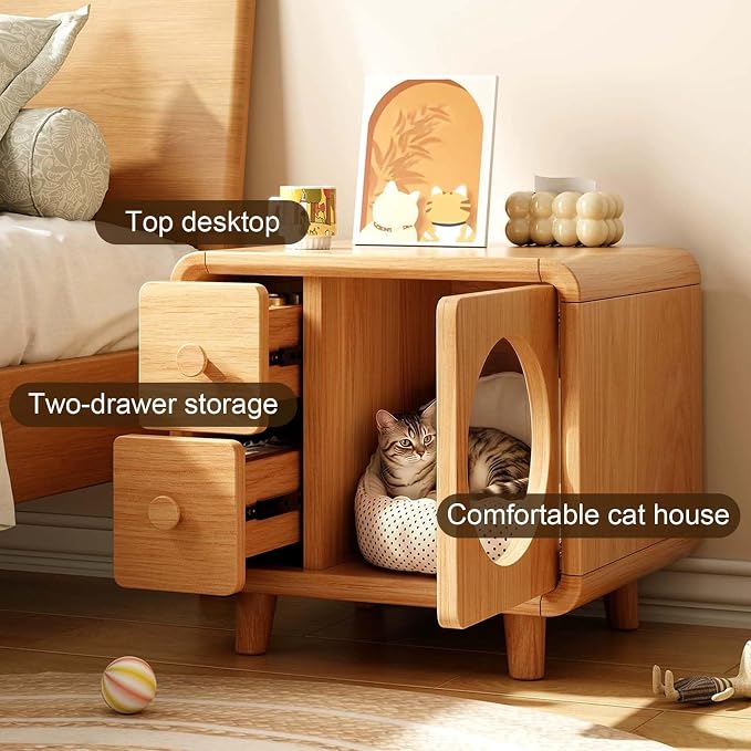 Wooden Nightstand with Cat House, Small Bedside Table with Double Drawers | Home Side Table, Multi-Functional Cat Furniture for Bedroom, Living Room, Corner