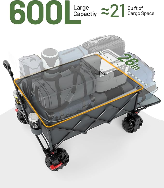 TIMBER RIDGE 600L Beast Wagon 26" W Extra Wide Heavy Duty Collapsible Cart | Cargo Net & Tailgate, 54.5" L Large Folding Wagons, All Terrain Big Wheels Portable Carts for Camping, Sports, Dogs, Grey