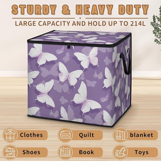 Butterfly Large Storage Bags, Fabric Bed Storage Containers, Foldable Closet Organizers for Blanket, Clothing, Comforter, Bedding, Purple