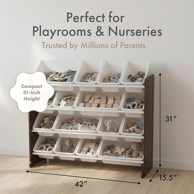 Humble Crew Kids Toy Organizer with 16 Bins, 4 Tier Storage for Playroom | Sturdy wood and steel toddler shelf, removable BPA-free containers, wall anchor anti-tip safety kit for bedroom or classroom