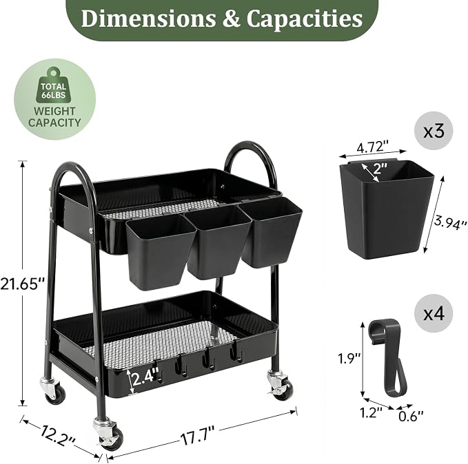 danpinera 2-Tier Rolling Cart, Utility Cart Mobile Metal Rolling Storage Cart with Lockable Wheels & Hanging Cups & Hooks for Kitchen, Bathroom, Office, Workshop, Purple