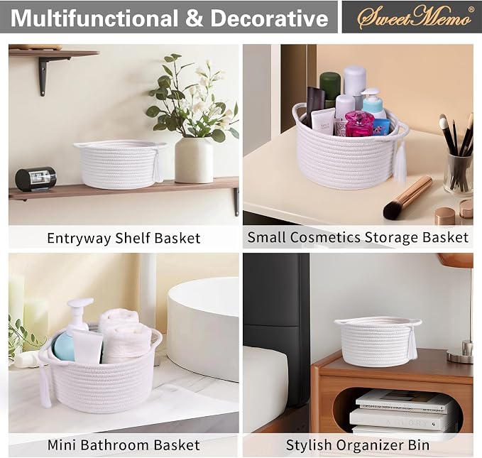 Small Gift Basket Empty to Fill with Gifts Bag & Ribbon, White | Cute Decorative Mini Woven Rope Basket with Handles for Gifting; Reusable for Bathroom Counter or Desk Catchall, 8 x 4.7 in