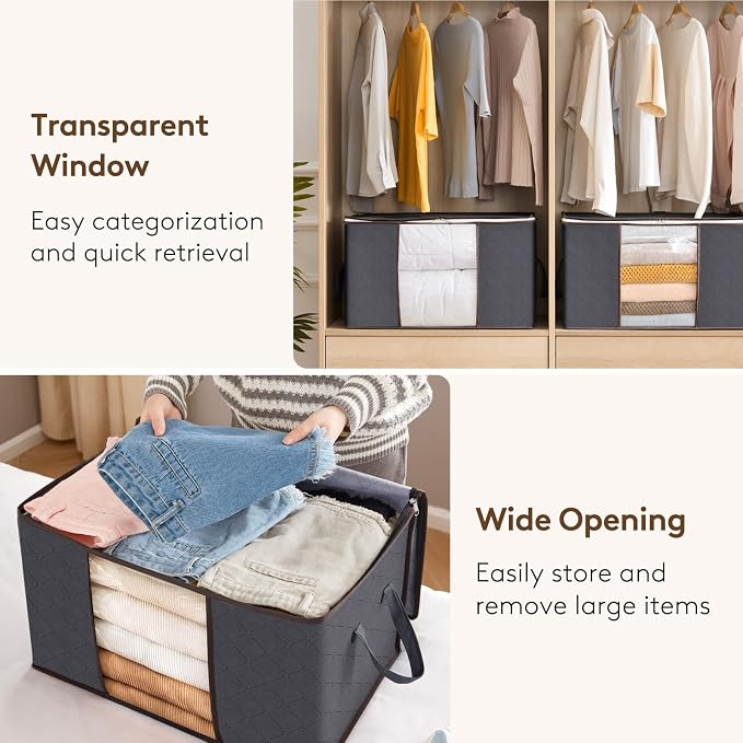 Lifewit 10 Pack 60L Clothes Storage Bins with Lids, Foldable Blanket Storage Bags with Zippers, Clear Window and Reinforced Handles, Closet and Organization for Clothing, Sweater, Comforter, Bedding