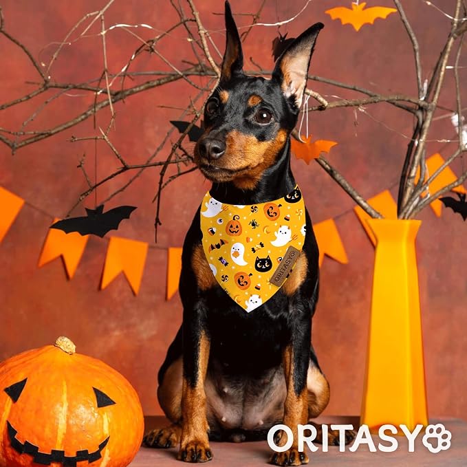 Halloween Dog Bandanas, Purple Ghost 2-Pack Triangle Reversible Pet Scarves, Premium Fabric, Orange Pumpkin Black Cats Bandana for All Boys Girls Dogs (Large, Style 2)