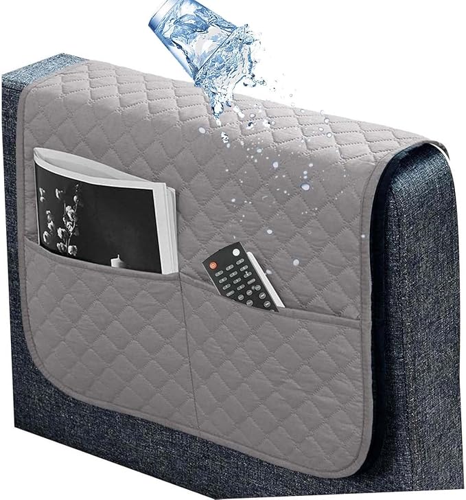 Armrest Covers Arm for Chairs Couch Sofa Armchair Slipcovers Recliner Organizer Non-Slip Chair Bedside Storage Caddy Holder 2 Pockets Magazines Waterproof(Light Gray)