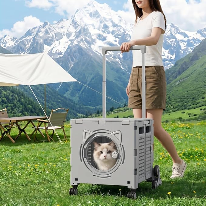 Outdoor Travel Cart Foldable Pet Trolley Carrier Crate with Box Body and Side with Telescopic Handle and Smooth Roll, Array, Khaki, Eight-Wheel Climbing Model