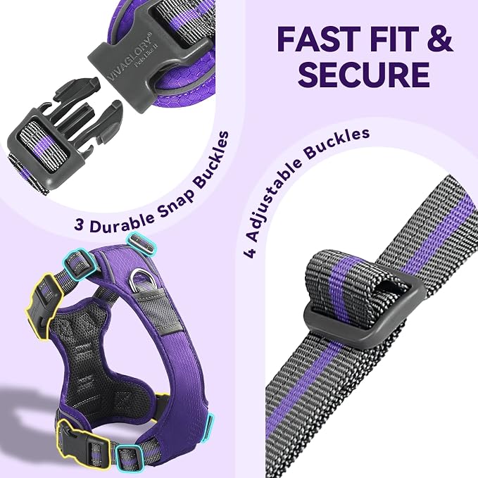 VIVAGLORY No Pull Dog Harness Vest Harness, XS, Purple - Patterned | with Handle Front and Back Clip for Training & Pulling, No Pull & Escape Proof Padded Adjustable for Pet Puppy