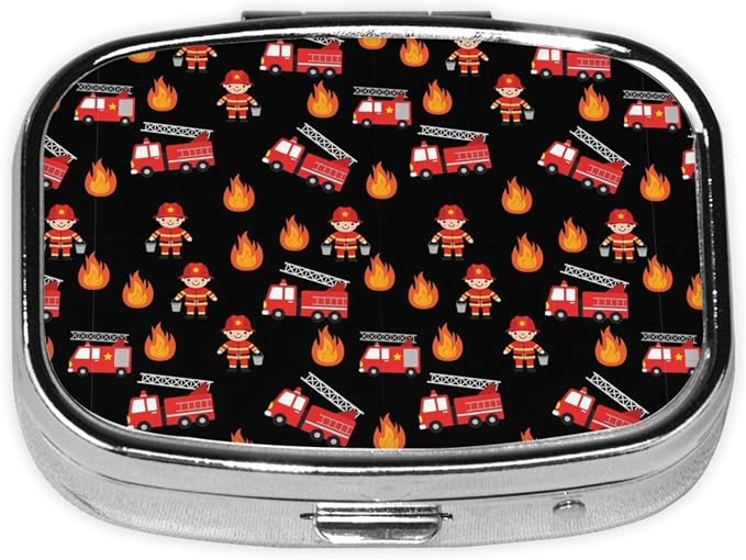 Square Pill Case 2-Compartment Medicine Organizer Portable Tablet Holder Travel Gym Office Use, Cute Cartoon Firefighter Red Fire Truck