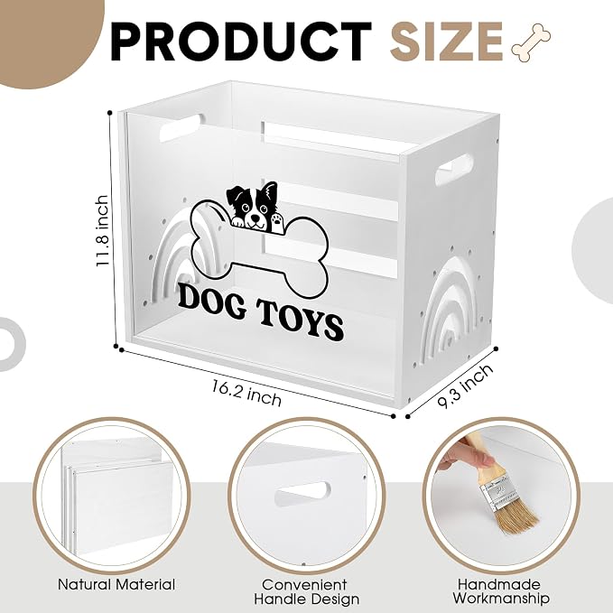 Dog Toy Box Large Wooden Dog Toy Chest with Handle Wooden Storage Bin with Acrylic Board Storage Box for Puppy Toys Pet Food and Accessories Organizer Holder Basket for Living Room Area(White, Dog)