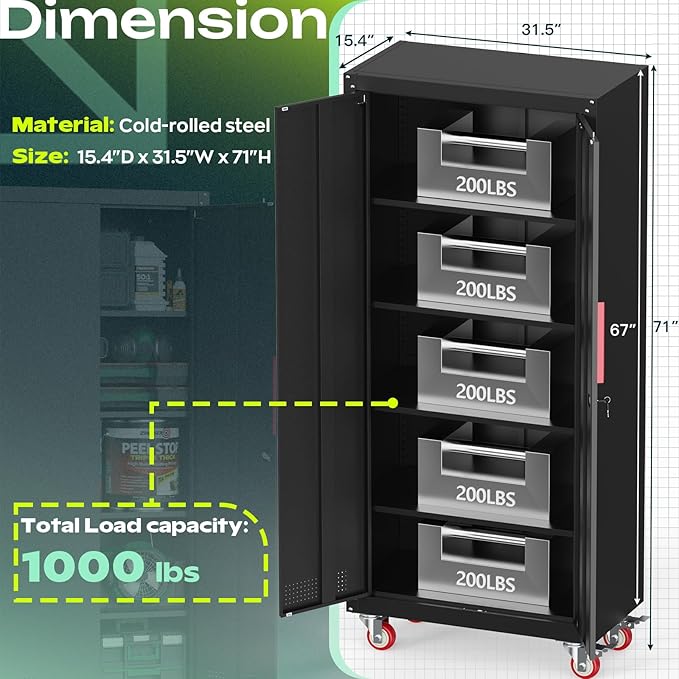 Kelueo 71" Tall Metal Garage Storage Cabinet with Wheels and Locking Doors | Heavy-duty steel rolling tool cabinet,garage cabinets with 4 adjustable shelves for garage,home,office,shop.black