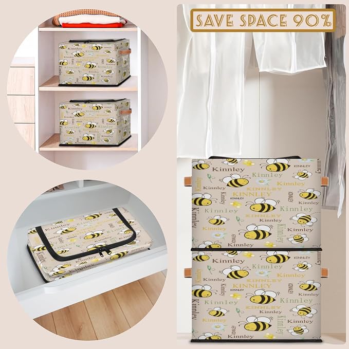 Personalized Beige Storage Basket with Name, Rectangle Toys Storage Bin with Handles Zipper Lid for Girls, Collapsible Basket for Clothes, Books, Cartoon Bee with Daisy Floral Beige
