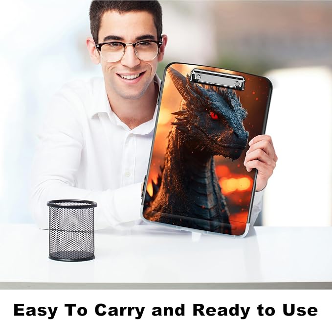 A4 Clipboard with Storage Pen Holder, Clipboards Organizer Nursing Clipboard Foldable File Folder Plastic Clipboard Folio Clip Board for Office Work Classroom Doctor, Red Eyed Dragon