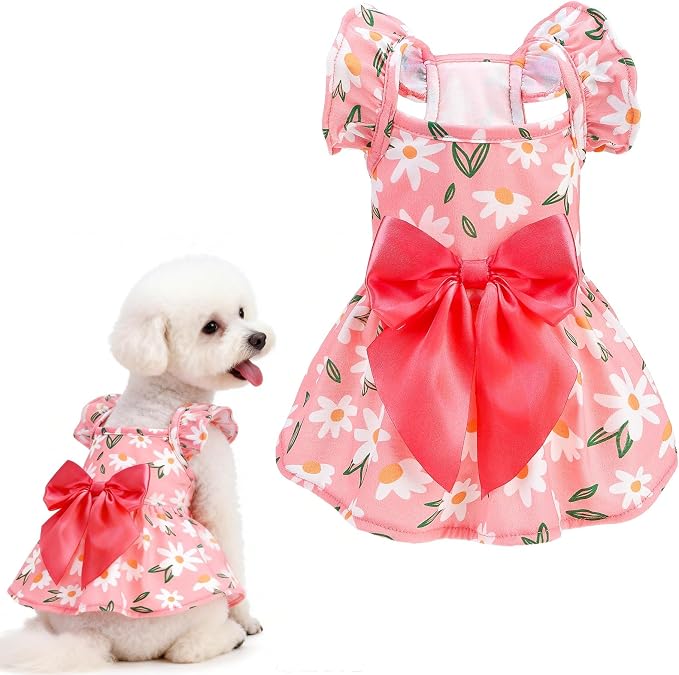 Dog Dress with Sleeve Ruffles, Floral Pet Dresses with Bow Tie for Small Meduim Dogs Puppy Cats Girl, Cute Princess Dog Dresses Skirt Clothes Outfits for Spring Summer, Pink XS