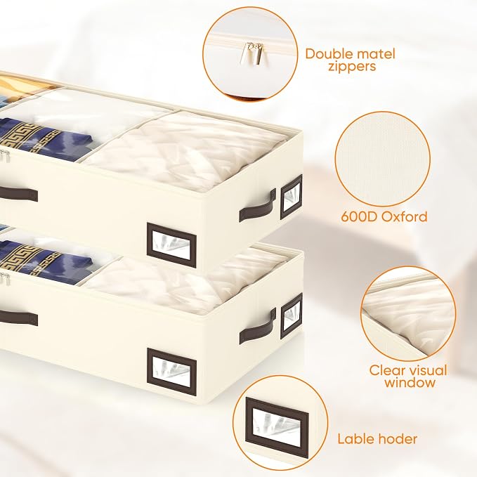 OIAHOMY 2 Pack 53L Under Bed Storage with Adjustable Dividers, 6" Low Profile Underbed Storage Bins for Comforters & Clothes, Save Closet Space with Clear View Lid & Reinforced Handles, Beige