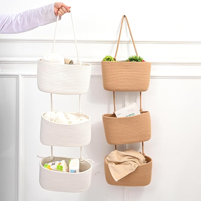 ICERZCZ Hanging Baskets for Organizing, Over the Door Decorative Storage Organizer, Nursery Decor Organization, 3-Tier Wall Basket for Entryway Playroom Bathroom Closet, Off White