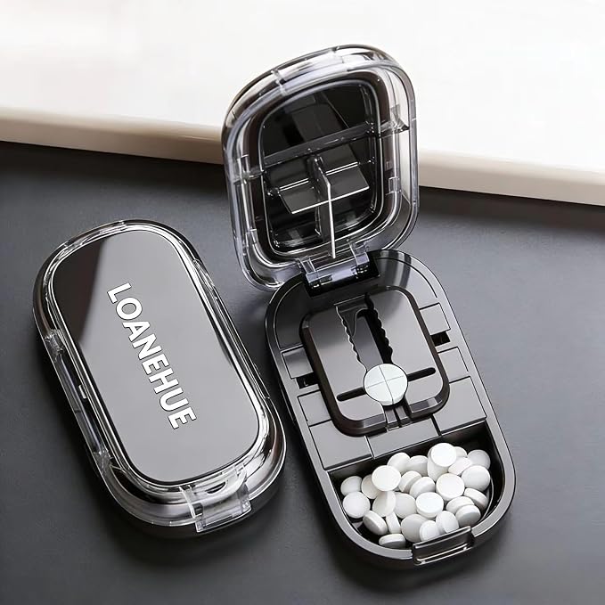 Precision Pill Cutter for Small and Tiny Pills, Sharp Blade with Storage Compartment, Travel-Friendly 1/2 1/4 Pill Splitter for Home/On-The-Go, Black