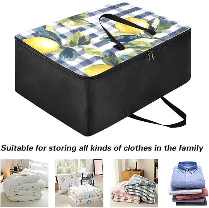 Comforter Storage Bags Large Folding Blanket Organizer Bag with Strong Handles Clear Window Closet Storage Containers for Clothes King Queen Pillows Bedding Quilt Duvet Blue Gingham Yellow Lemo