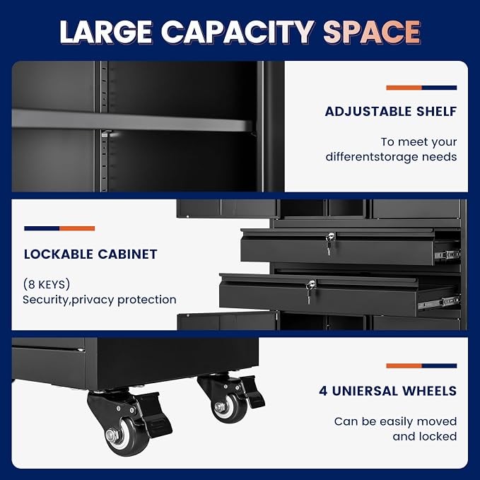 Metal Garage Storage Cabinet with Locking Doors and Adjustable Shelves, 74" Rolling Tool Storage Cabinet with 4 Wheels and 2 Drawer for Garage,Warehouse