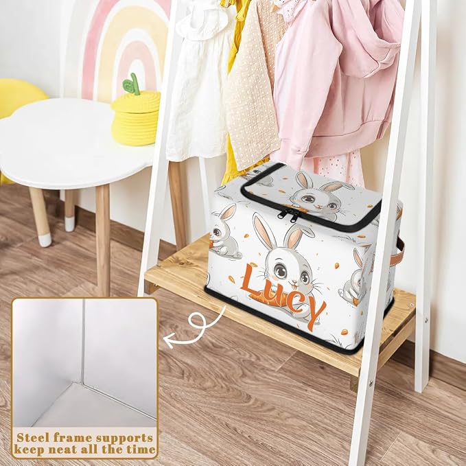 Custom Cute Rabbit Storage-Bin With Zipper Lid for Kids-Girls-Boys-Baby-Pet,Personalized Name Foldable Storage Box with Handle,Baby Basket With Label for Bedroom Nursery Toy Clothes