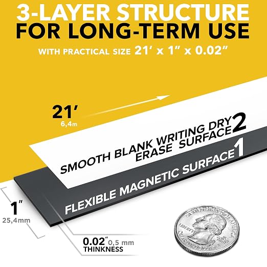 X-bet MAGNET Dry Erase Magnetic Strips, Write-On, 1in x 21ft (2.5cm x 6.4m) | Blank & Writable Flexible Magnet Roll, Sticky Labels & Stickers for Whiteboards, Refrigerator and Crafts