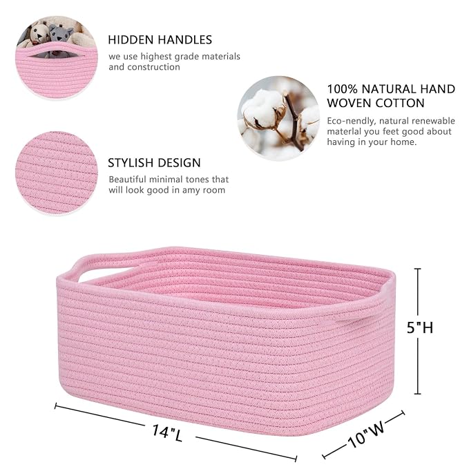 CubesLand Cute and Durable Small Cotton Rope Basket for Organizing | Woven Closet Storage Bin,Shelves Closet Storage Basket, Bathroom Storage Organizer Bin, Nursery Toy Basket Bin, Pink Basket
