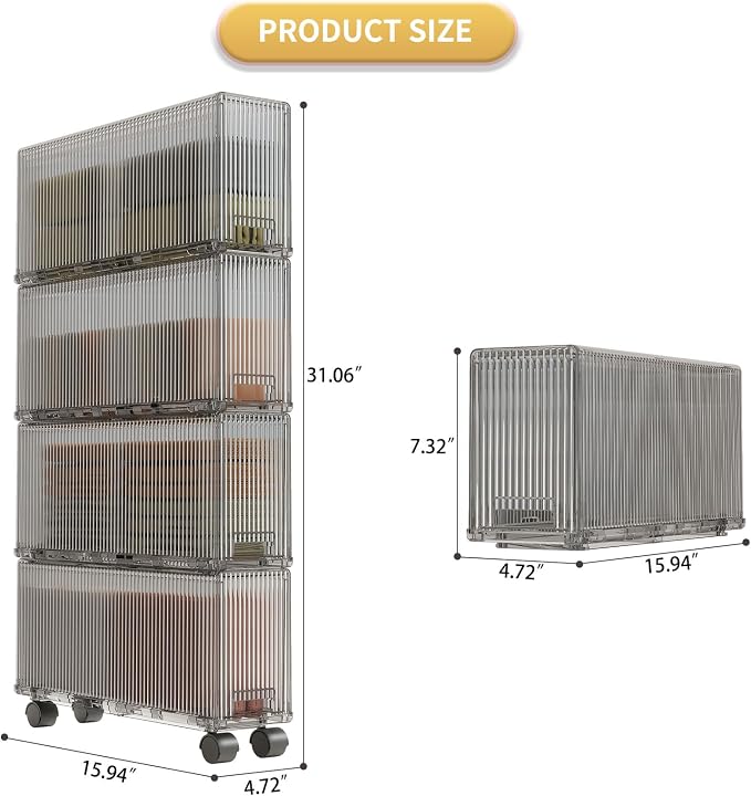 KHNR Slim 4 Pack Closet Storage Organizer with Wheels, Narrow Gap Drawer Shelf, Cabinet for Underwear, Socks, Scarves, T-Shirts Bedroom Essentials, Fits Closet Side or Wardrobe Gap, Clear Grey