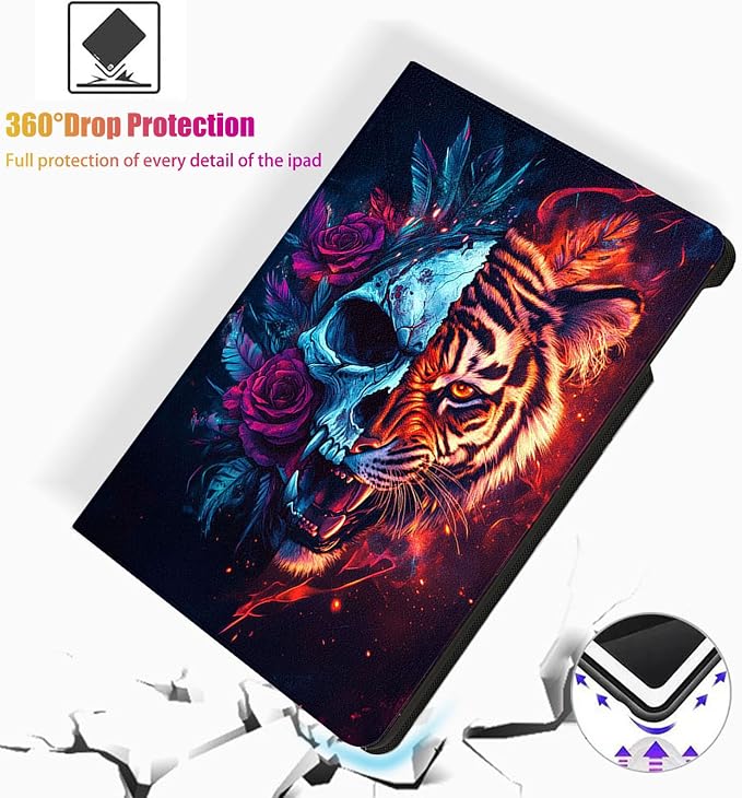 for Microsoft Surface Pro X/Pro X Plus-13 2019/2020/2021/2024 Tablet Case,Auto Wake/Sleep,Adjustable Stand Protective Cover - Tiger Skull