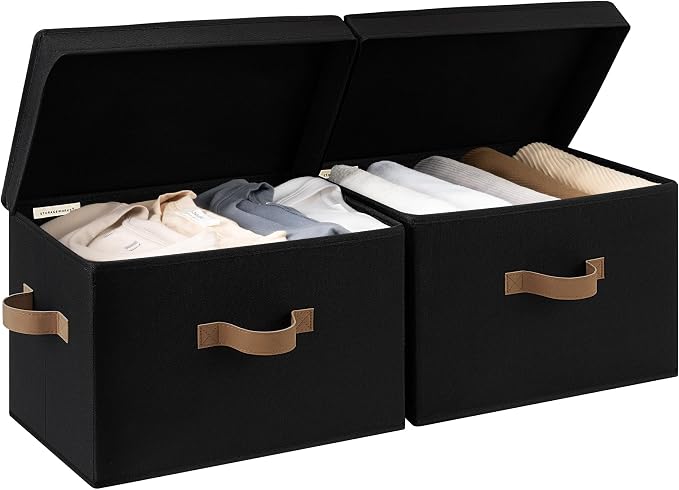 StorageWorks Fabric Storage Bins with Lids, Closet Storage Bins | Flip-Top Lid, 3 Handles, Collapsible, Stackable, for Clothes Blankets, Multi-Purpose, Large, Black, 2-Pack