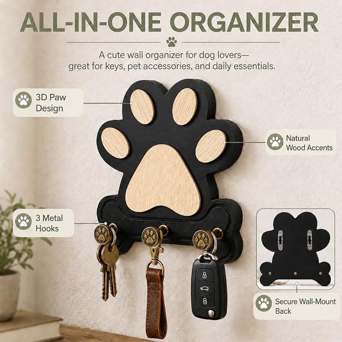 1 Pack Dog Leash Holder for Wall, Wooden Key Holder Wall Mount with 3 Metal Hooks, Dog Paw Organizer for Dog Owners and Pet Lovers (Black) (2)