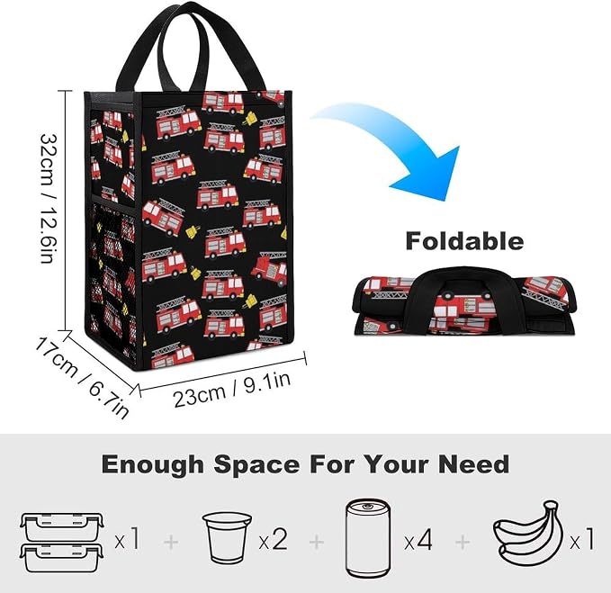Reusable Insulated Lunch Bag Portable Foldable Lunch Totes Thermal Lunchbox Picnic Camping Cooler Bag Compatible with Fire Fighters Red Fire Truck Cartoon