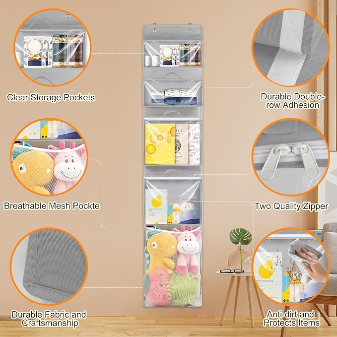 Over Door Organizer and Storage, Hanging Toy Holder with Removable Pouches | Toddler Room Wall Stuffed Animal Storage Bag Case, Kids Playroom Closet Back of Door Organization for Building Block, Puzzle