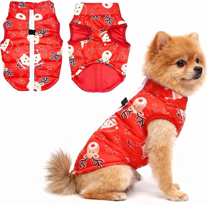 Idepet Pet Dog Cat Coat with Leash Anchor Color Patchwork Padded Puppy Vest Jacket Teddy Chihuahua Costumes Pug Cloth XS S M L(X-Small,Red-Santa&Reindeer)