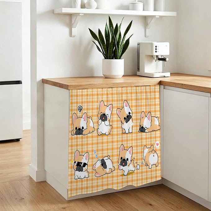 Cute Puppy Cabinet Dishwasher Hidden Curtains, Privacy Closet Door Curtain, Orange Beige Plaid Modern Funny Dogs Pet Adhesive Dust Proof Under Sink Skirt for Bathroom Kitchen 35"x35"