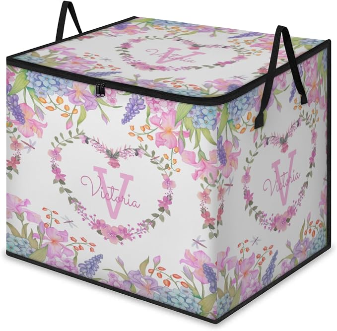 Personalized Large Storage Basket with Lid, Canvas Storage Bins Quilt Clothes Organizer for Bedroom, Kitchen, Bathroom, Nursery, Shelves, Closets, Colorful Blue Pink Spring Florals